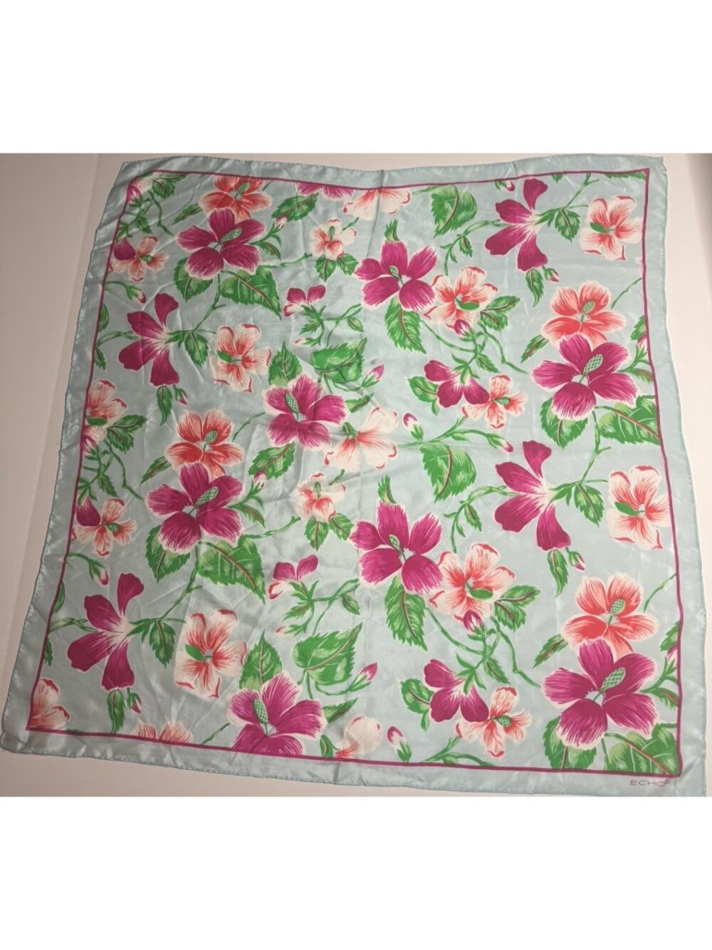 Vintage Echo Silk Scarf Square Blue Pink Hibiscus Floral Head Neck Scarf 31x31